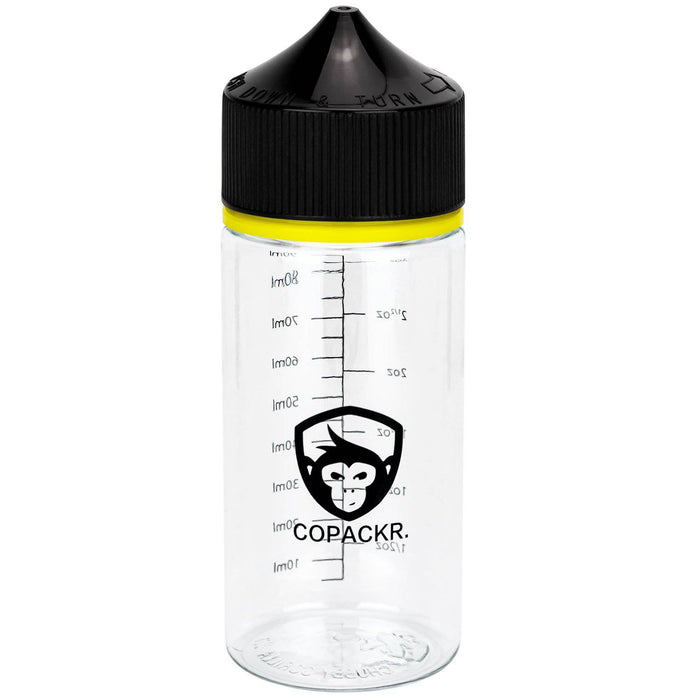 100ML V3 Clear Unicorn Bottle® with Black Cap, Yellow Tamper & Measurements by Chubby Gorilla